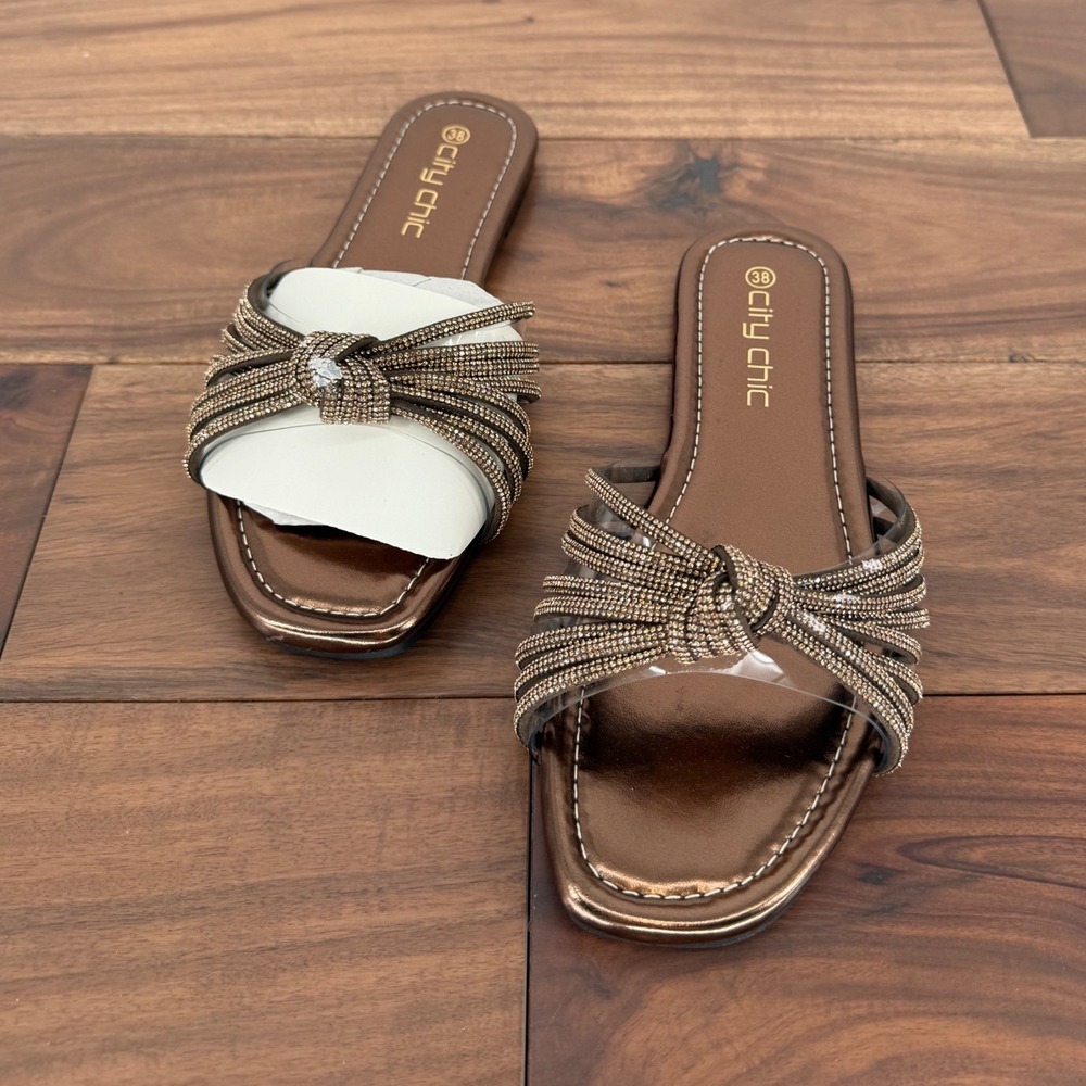 City Chic Bronze‎ Embellished Knot Detail Slide Sandals Women's Size 7W